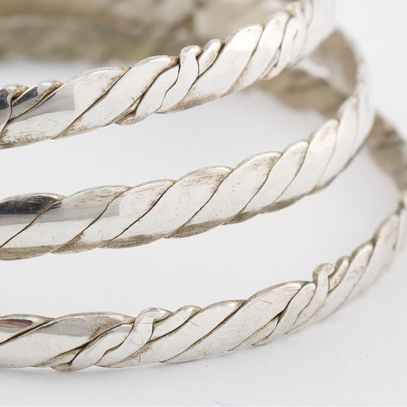 Vintage Mexican Silver Tone Bangle Bracelet Set 3 Bangles Twisted Rope Cable - Picture 3 of 5